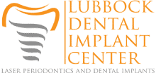 Lubbock Dental Implant Center logo featuring stylized tooth with spiral design and orange text.