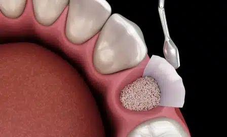 Dental implant illustration showing tooth replacement with artificial implant post in jawbone alongside natural teeth.