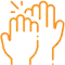 Multiple hands raised together in collaborative gesture, symbolizing teamwork and community support.
