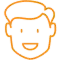 Simple orange line drawing of a smiling male face with short hair against white background.